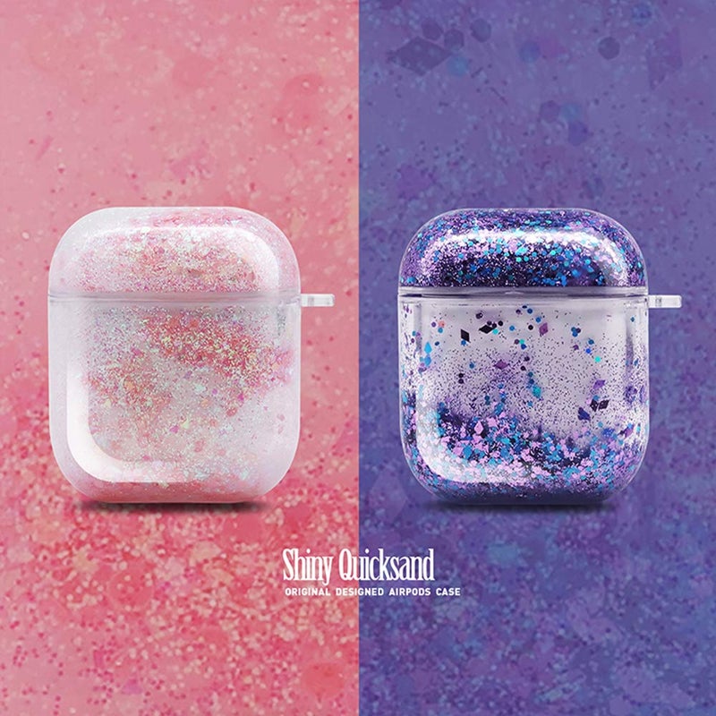 UnnFiko Bling Quicksand Case Compatible with AirPods 1/2, Cute Sparkle Liquid Protective Case, Funny Creative Hard Clear Airpods 1 & 2 Cover with Keychain (Purple Glitter) - Image 2